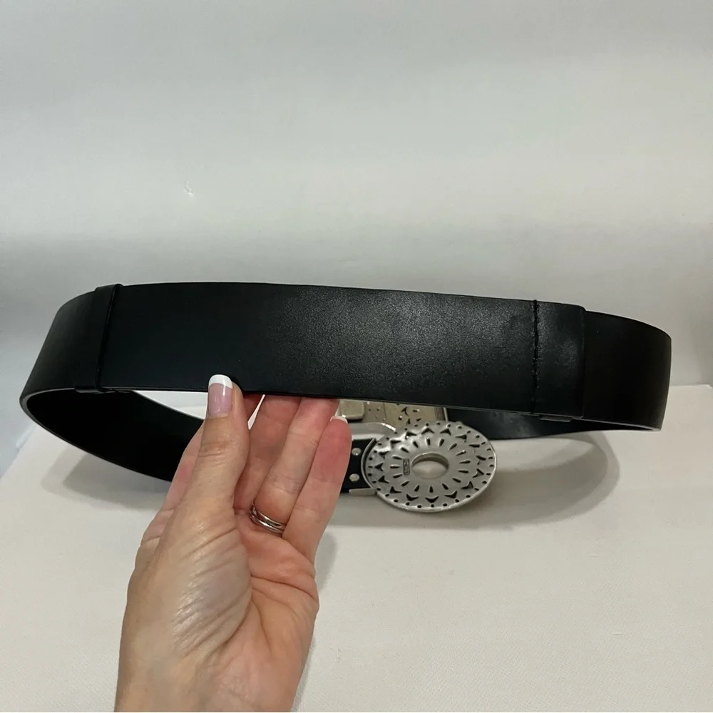 Chico’s Black Wide Leather Adjustable Belt Silver Gold Circle Buckle